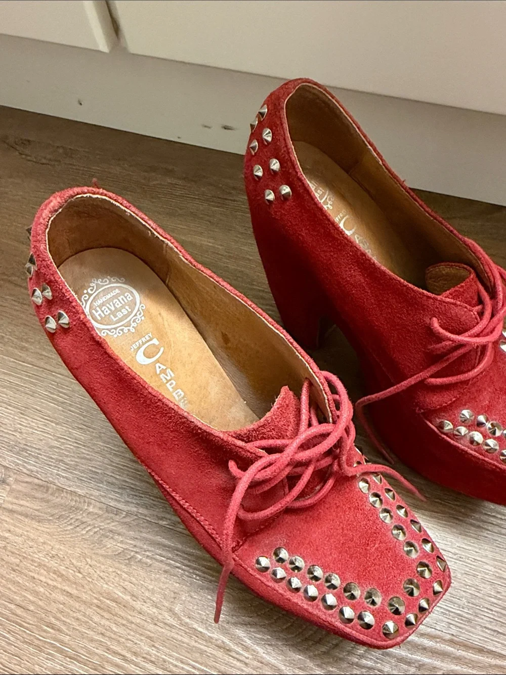 Jeffrey Campbell Red Studded Suede Platform Lace-Up Heels